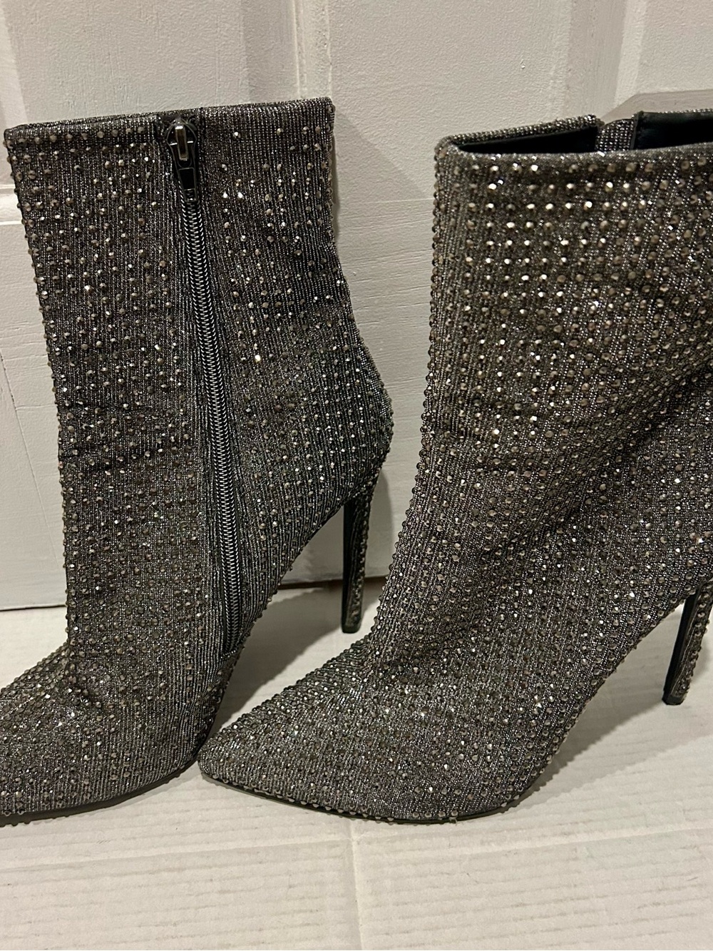 Steve Madden Gunmetal Rhinestone Pointed-Toe Stiletto Ankle Boots